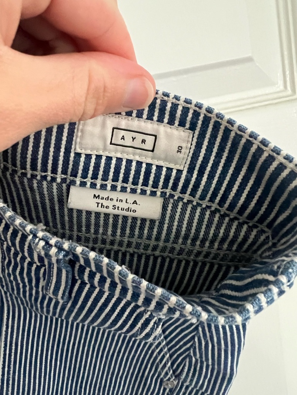 AYR High-Rise Wide-Leg Pinstripe Jeans — Navy and White - Picture 4 of 7